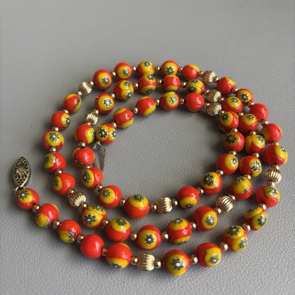Vintage Murano Millefiori Glass Orange Bead Necklace 26.5"